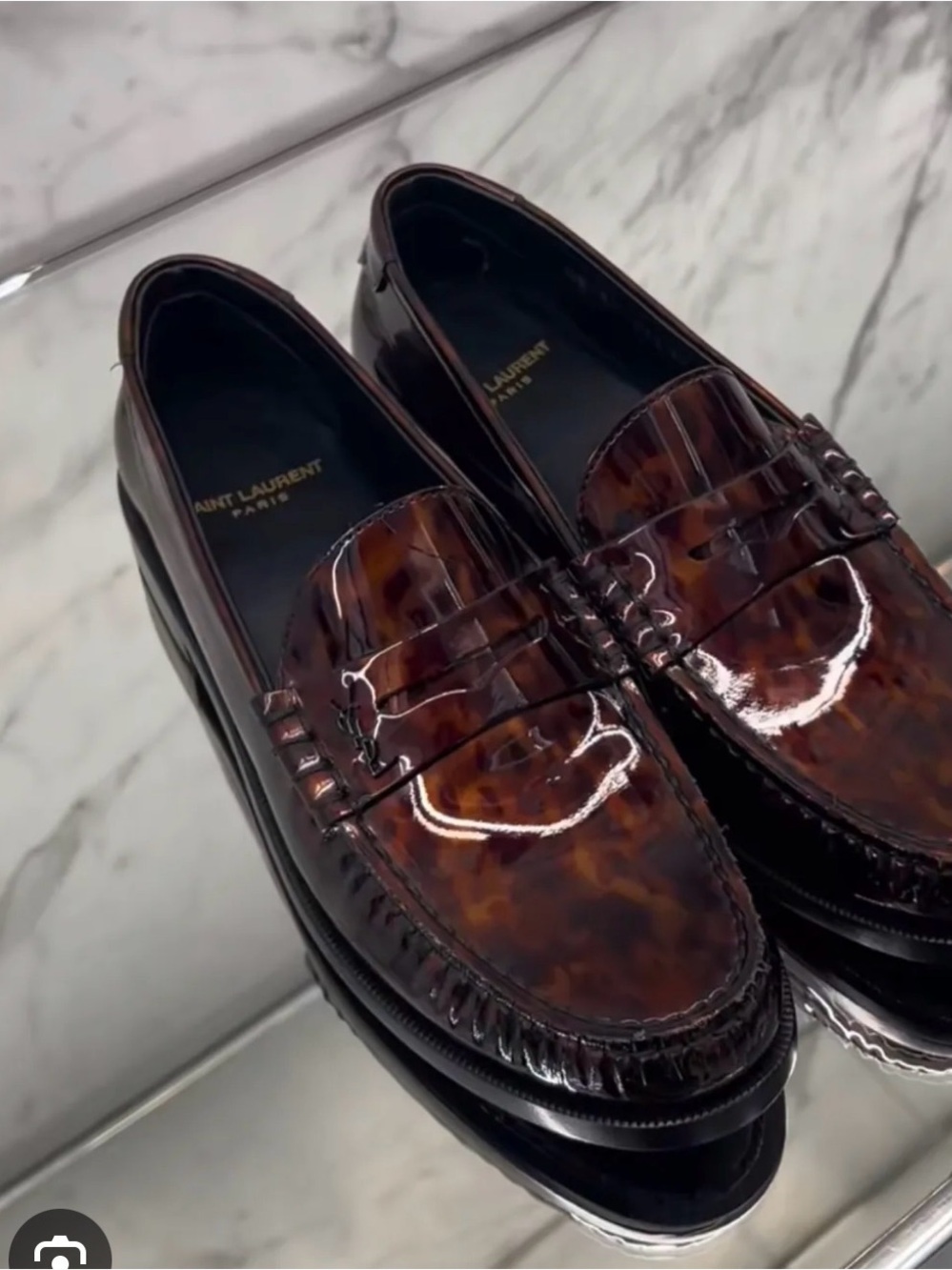 Saint Laurent Tortoiseshell Patent Leather Penny Loafers - Brown 37